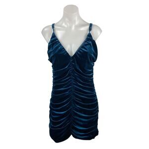 Lulus Women's Blue Velvet Velour Ruched Sleeveless Mini Tank Bodycon Dress Sz XL